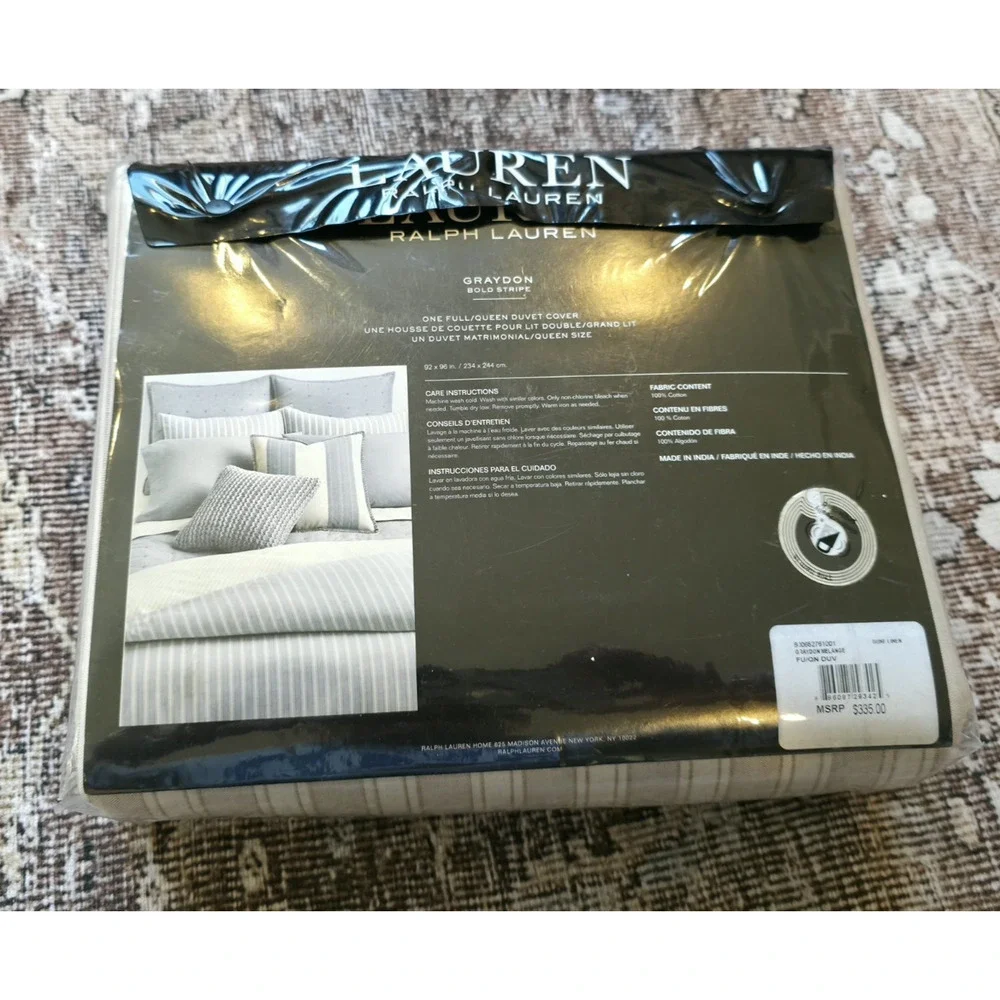 Ralph Lauren Graydon Melange Bold Stripe Full/Queen Duvet Dune Linen NIP